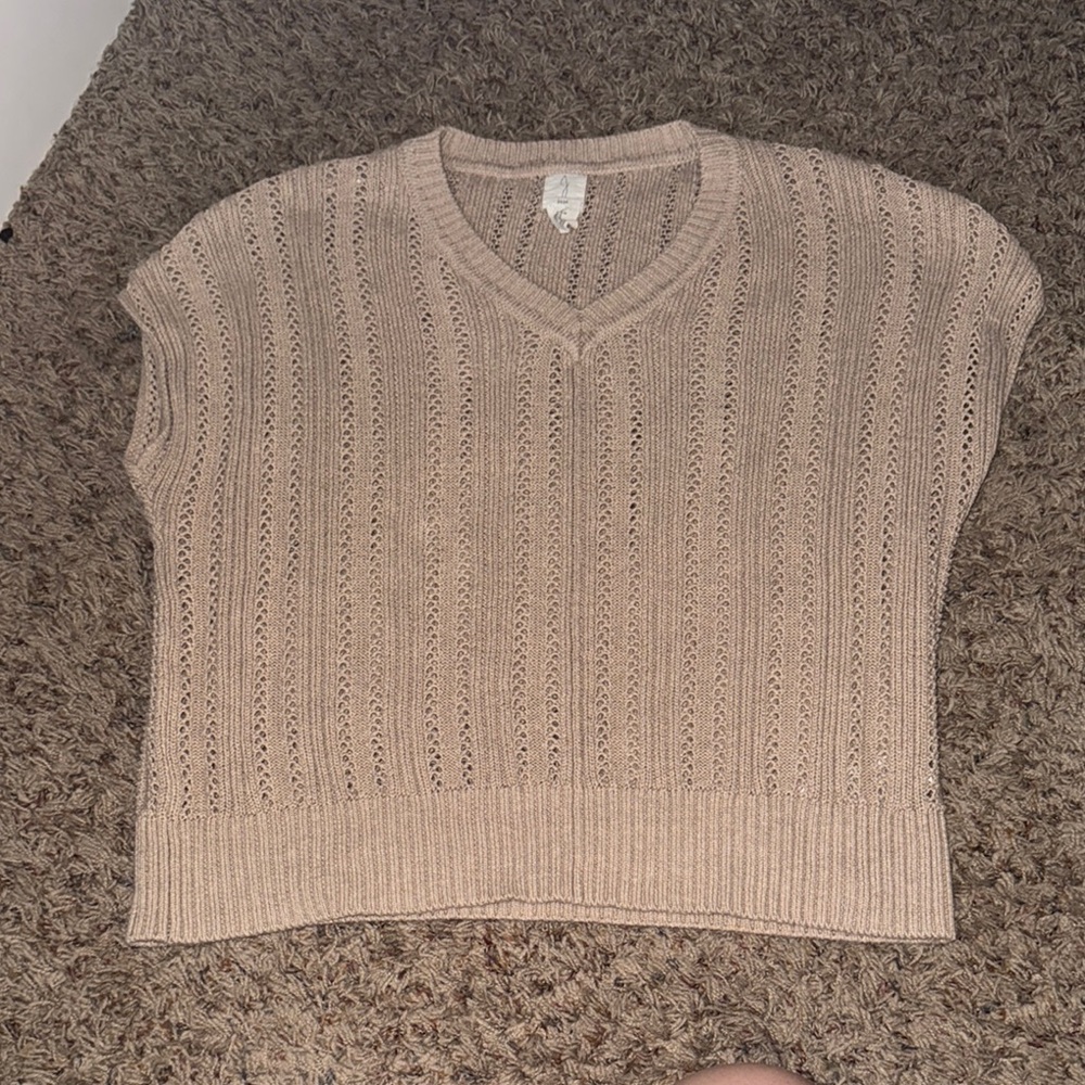 Joie Tan V-Neck Sweater with Vertical Ribbed Pattern
